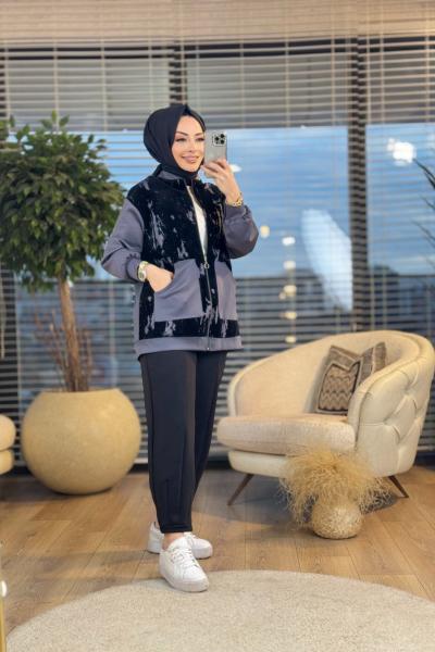 24261 Ön Süet Desen Parçalı Fermuarlı Mont Antrasit