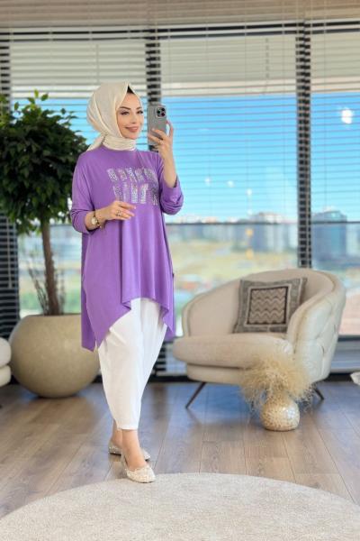24277 Önü Taş Yazılı Tunik Lila