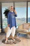 24277 Önü Taş Yazılı Tunik İndigo