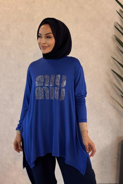 24277 Önü Taş Yazılı Tunik Saks