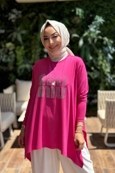24277 Önü Taş Yazılı Tunik Fuşya