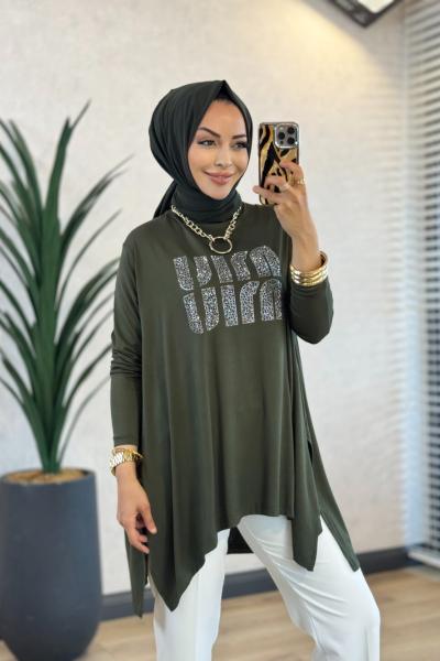 24277 Önü Taş Yazılı Tunik Haki