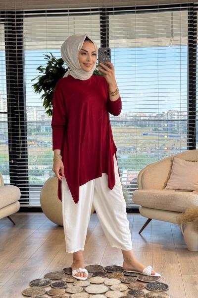 24278 Yanları Yırtmaçlı Penye Tunik Bordo