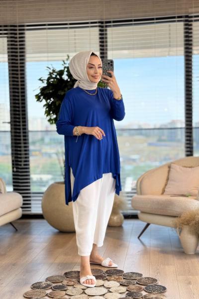 24278 Yanları Yırtmaçlı Penye Tunik Saks