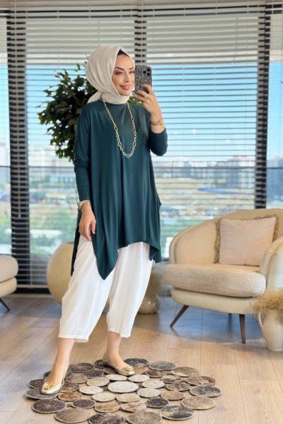 24278 Yanları Yırtmaçlı Penye Tunik Zümrüt