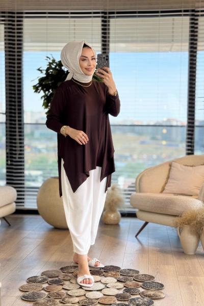 24278 Yanları Yırtmaçlı Penye Tunik Kahve