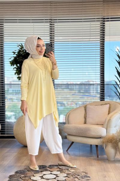 24278 Yanları Yırtmaçlı Penye Tunik Açık Sarı