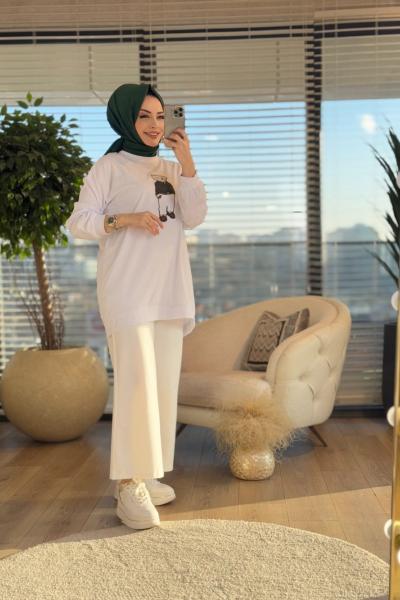 24280 Ön Ayı Resimli Tunik Ekru