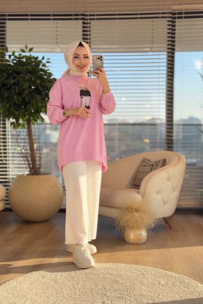 24280 Ön Ayı Resimli Tunik Pembe