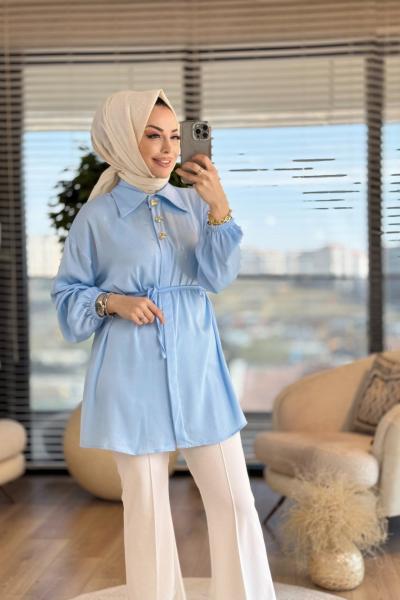 24284 Patı 3 Metal Düğmeli Gömlek Mavi