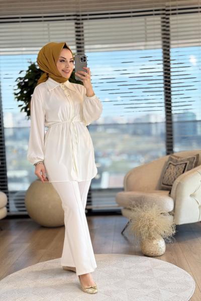 24284 Patı 3 Metal Düğmeli Gömlek Ekru