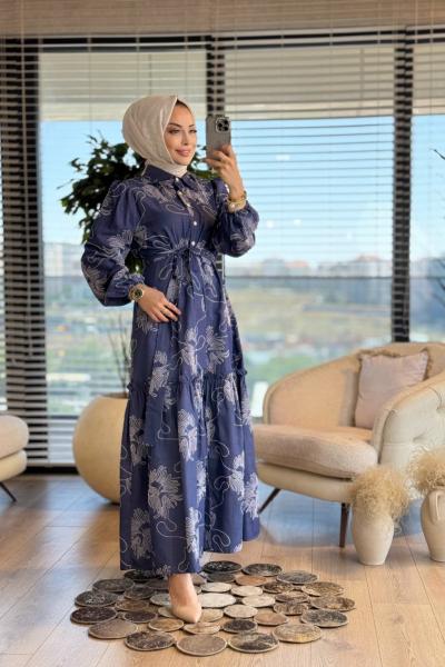 2429 Puf Baskılı Elbise Lacivert