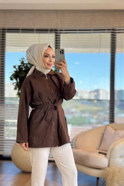 24304 Sağ Tarafı Parçalı Cepli Gömlek Kahve