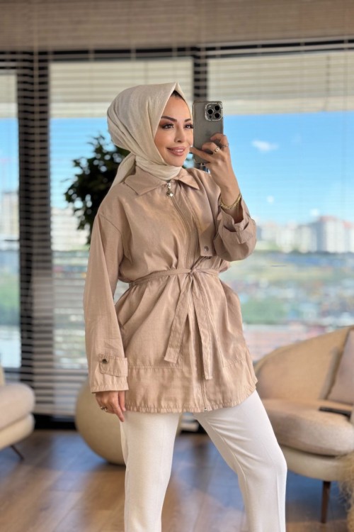 24304 Sağ Tarafı Parçalı Cepli Gömlek Bej