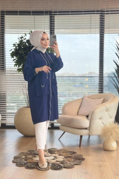 24305 Gofre Yaka Cep Sim Kordonlu Kapşonlu Kap Lacivert