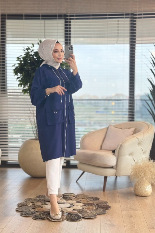 24305 Gofre Yaka Cep Sim Kordonlu Kapşonlu Kap Lacivert