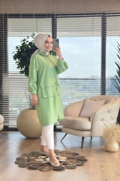 24305 Gofre Yaka Cep Sim Kordonlu Kapşonlu Kap Çağla