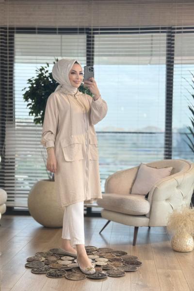 24305 Gofre Yaka Cep Sim Kordonlu Kapşonlu Kap Bej