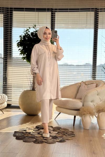 24306 Cebi Çıtçıtlı Kapşonlu Fermuarlı Kap Bej