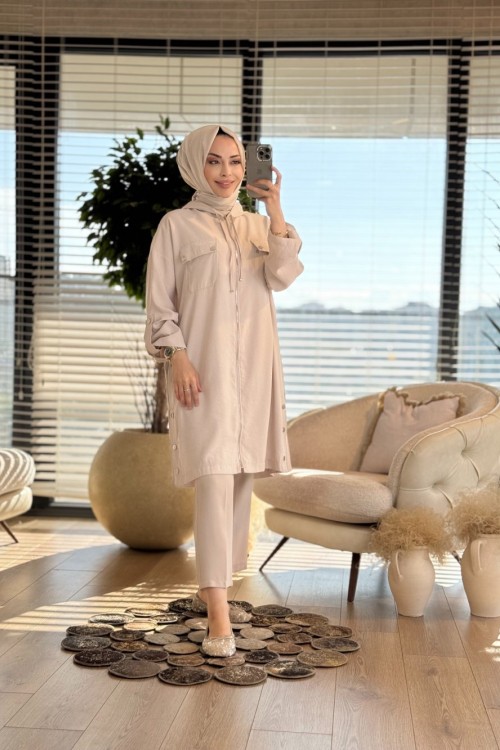 24306 Cebi Çıtçıtlı Kapşonlu Fermuarlı Kap Bej