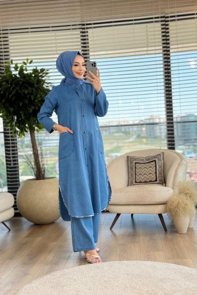 2433 Tencel Biye Detaylı Takım Mavi