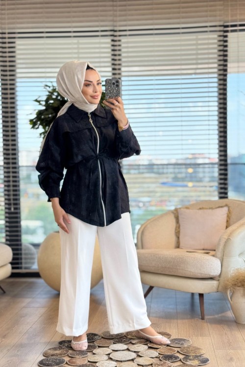 24331 Batik Omuz Parçalı Ön Fermuarlı Kap Siyah