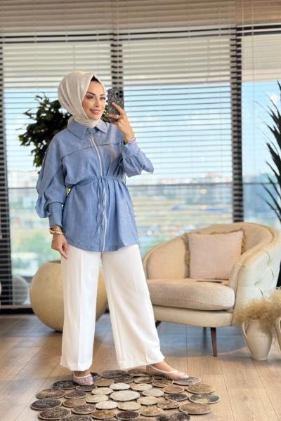 24331 Batik Omuz Parçalı Ön Fermuarlı Kap Mavi