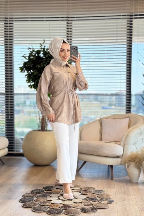 24331 Batik Omuz Parçalı Ön Fermuarlı Kap Bej