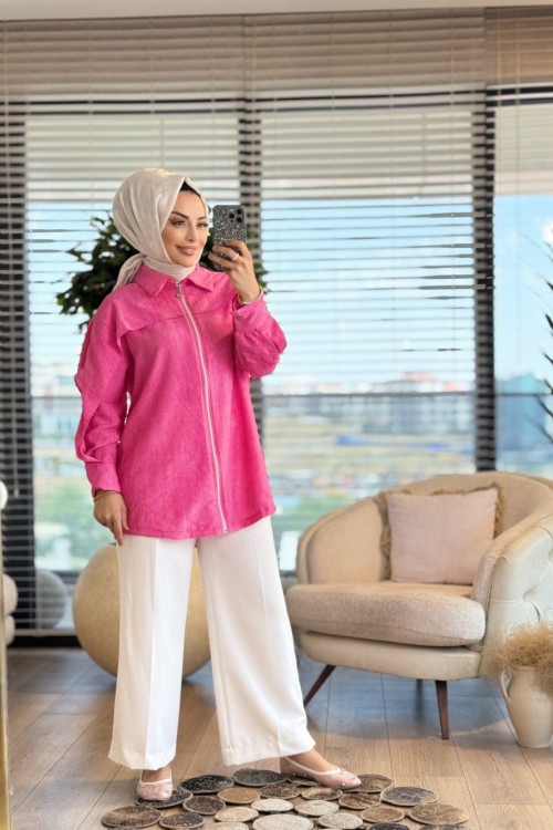 24331 Batik Omuz Parçalı Ön Fermuarlı Kap Fuşya