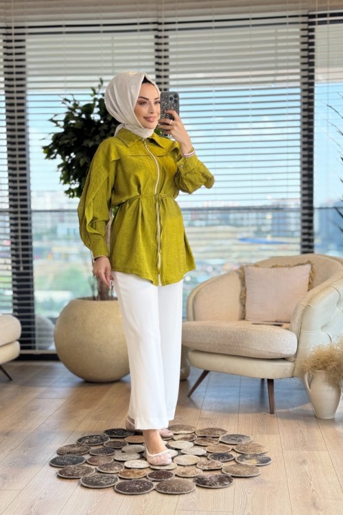 24331 Batik Omuz Parçalı Ön Fermuarlı Kap Yağ Yeşili