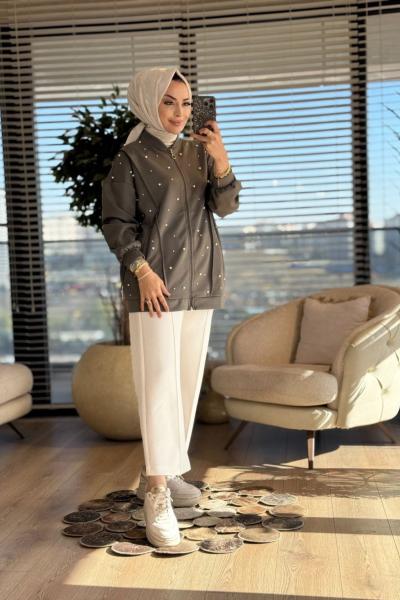 24335 Scuba Ön İnci İşli Fermuarlı Hırka Haki