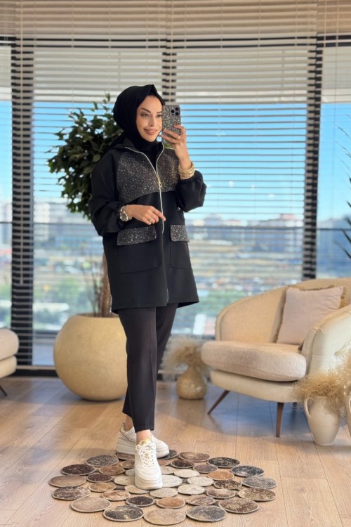24339 Ön File Parçalı Kapşonlu Kap Siyah