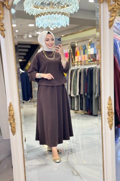 24343 Etek Ucu Parçalı Yarasa Kol Bluz Kahve