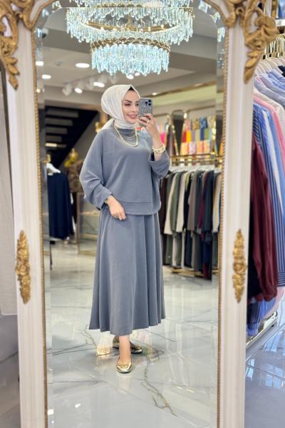 24343 Etek Ucu Parçalı Yarasa Kol Bluz Antrasit