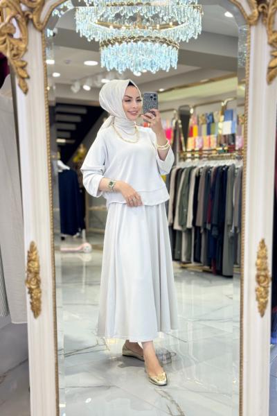 24343 Etek Ucu Parçalı Yarasa Kol Takım Bej