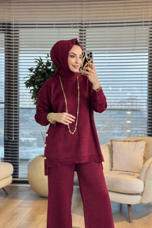 24349 Yanları Düğmeli Simli Triko Takım Bordo