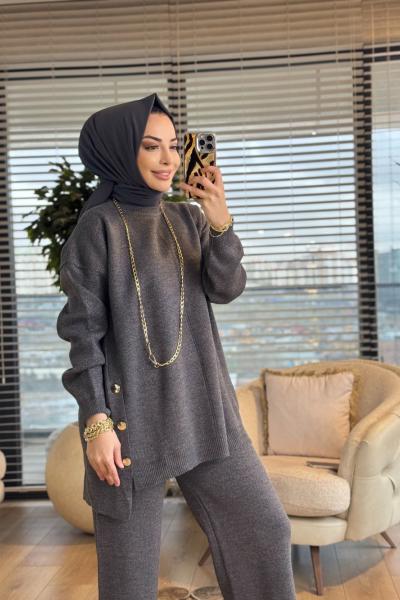 24349 Yanları Düğmeli Simli Triko Takım Antrasit