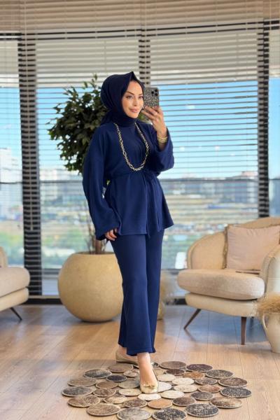 24357 Kendinden Çizgili Kolu Katlamalı Tunik Lacivert