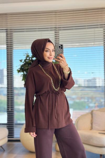 24357 Kendinden Çizgili Kolu Katlamalı Tunik Kahve