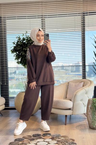 24361 Sol Omzu Boncuk İşli Tunik Kahve