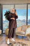 24364 Omuzları Boncuk işli Tunik Kahve