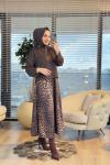24380 Eteği Leopar Desen Bluz Takım Kahve