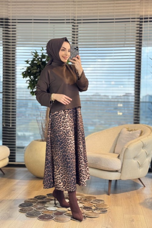 24380 Eteği Leopar Desen Bluz Takım Kahve