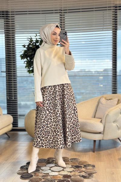 24380 Eteği Leopar Desen Bluz Takım Bej