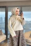 24380 Eteği Leopar Desen Bluz Takım Bej