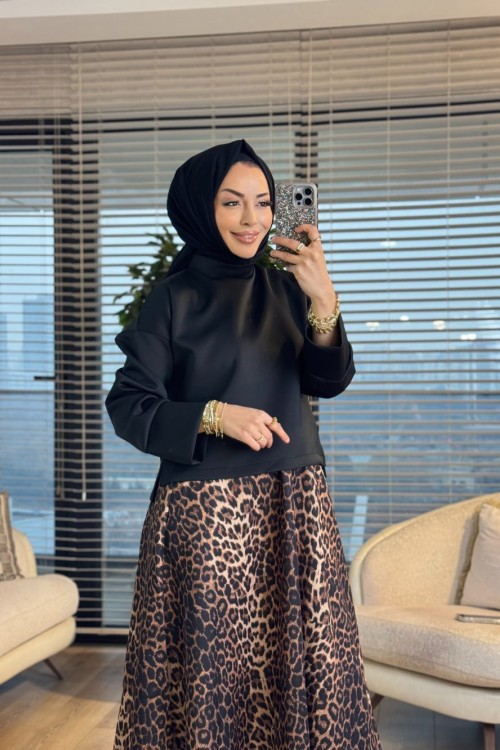 24380 Eteği Leopar Desen Bluz Takım Siyah