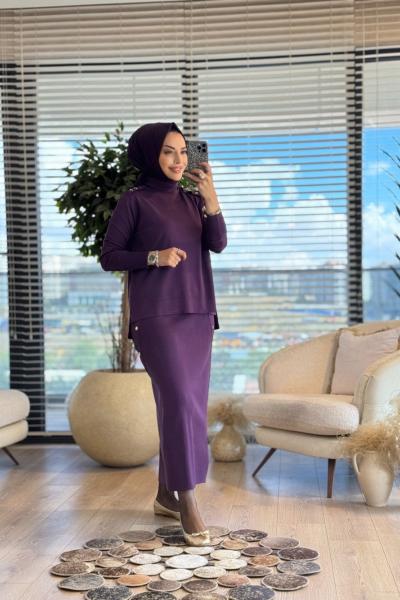 244 Omuz Apoletli Reglankol Triko Etekli Takım Mürdüm