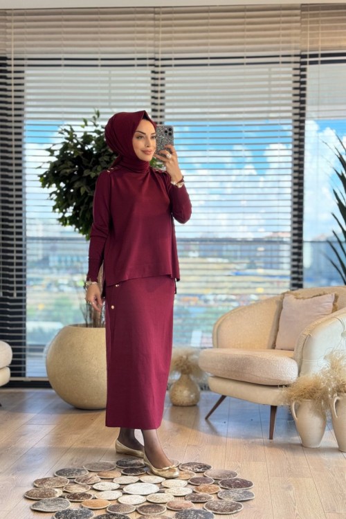 244 Omuz Apoletli Reglankol Triko Etekli Takım Bordo