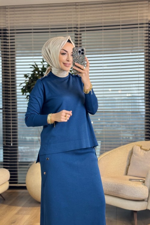 244 Omuz Apoletli Reglankol Triko Etekli Takım İndigo