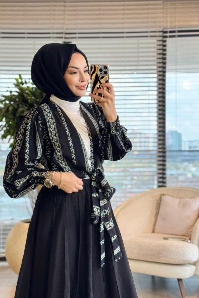 24422 Çiçek Desenli Bağlamalı Kimono Siyah